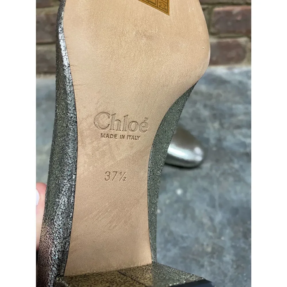 Chloe Glittery Metallic Gold Scalloped Leather Block Heel Size 7.5 NEW